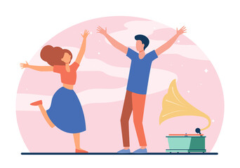 Young couple enjoying retro party. Happy girl and guy dancing at gramophone flat vector illustration. Entertainment, romance, fun concept for banner, website design or landing web page