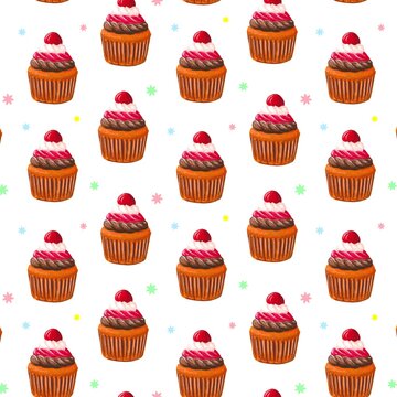 Seamless pattern with a cupcake with with cherries and chocolate and red cream . On white background. Muffin. Sweet pastries decorated for wrapper and fabric