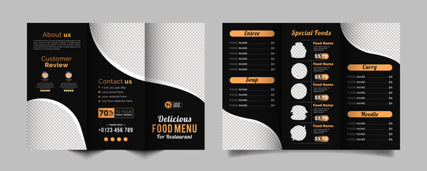 Food trifold brochure menu template. fast food menu brochure for restaurant with black color