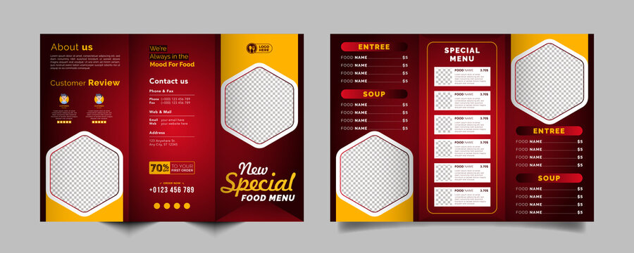 Food trifold brochure menu template. fast food menu brochure for restaurant with red color