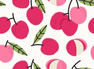 Seamless pattern of pink and red lychee background elements on a beige background. Colorful background texture for kitchen, wallpaper, textile, fabric, paper. Vegan food pattern. Hand-drawn.