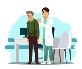 Doctor doing checkup examination on old patient in hospital. Health care vector illustration. Man listening to breathing with stethoscope, senior standing. Visit to physician