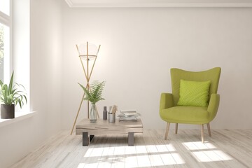 White living room with armchair. Scandinavian interior design. 3D illustration