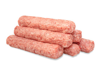 Row of fresh raw beef kebabs isolated on white