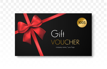 Gift voucher with red ribbon and bow. Discount gift cards template. Vector illustration