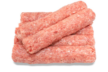 Row of fresh raw beef kebabs isolated on white