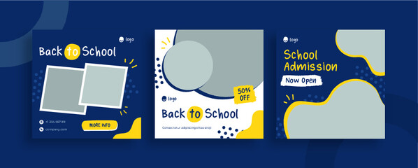 Set of editable templates for Instagram post, Facebook square frame, social media, back to school, courses, advertisement, and business promotion, fresh design with blue and yellow color (3/3)