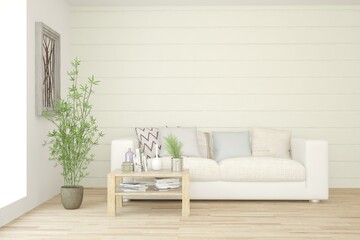 White living room with sofa. Scandinavian interior design. 3D illustration