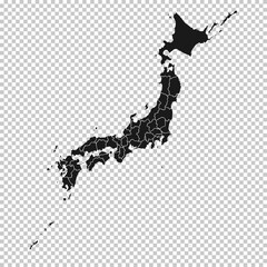 Japan Map - Vector Solid Contour and State Regions on Transparent Background