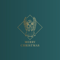 Merry Christmas Abstract Vector Classy Label, Sign or Card Template. Hand Drawn Golden Angel Sketch Illustration with Typography. Premium Green Background