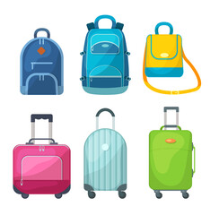 Travel luggage, metal backpacks, plastic case and leather bag. Travel suitcase with wheels, journey package, business travel bag, trip luggage. Backpack suitcase for journey, vacation, tourism