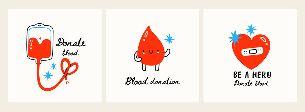 Be a hero, Donate blood. Hand drawn three Vector illustrations. Donate Blood, Health Care Concept. World Blood Donor Day. Trendy digital art. Every card is isolated