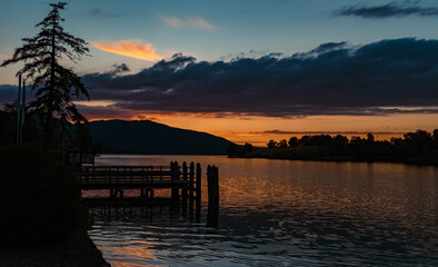 Beautiful sunset with reflections at Rottach-Egern, Tegernsee, Bavaria, Germany