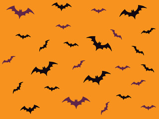 Halloween orange background poster with dark bats. Vector illustration 