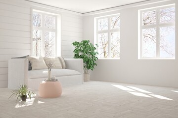 White living room with sofa and winter landscape in window. Scandinavian interior design. 3D illustration