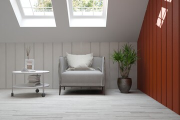 Fototapeta na wymiar White living room with armchair. Scandinavian interior design. 3D illustration
