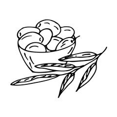 A bowl of olives, next to the bowl is an olive branch.