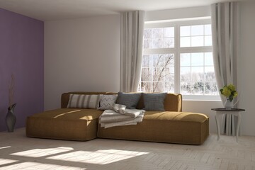 White living room with sofa and winter landscape in window. Scandinavian interior design. 3D illustration