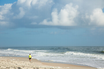Fototapeta na wymiar A lone beach walker on the white sand beach on Cumberland Island, Georgia.