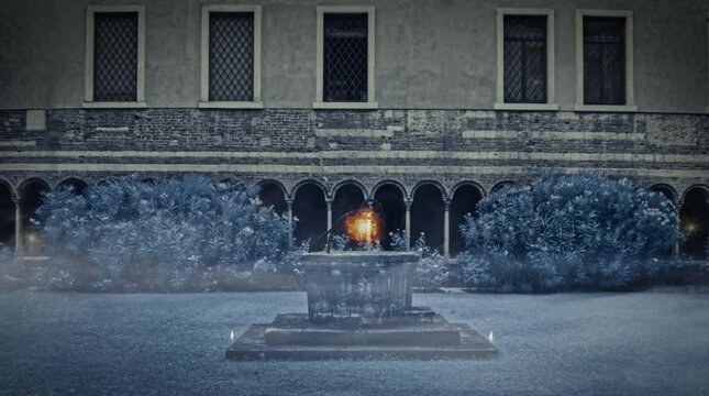 Mysterious presences in a cloister ethereal light in a overwhelming atmosphere.