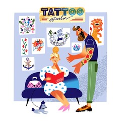 Woman choosing tattoo in salon waiting room. Girl looking at catalogue and sitting on couch, tattooist master waiting. Vintage style pattern vector illustration. Retro studio interior design