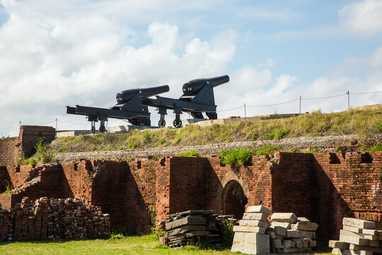Cannons and fortifications at Fort Clinch State park.  The Fort  is located in Florida on a peninsula near the northernmost point of Amelia Island, along the Amelia River