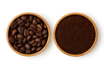 Coffee beans and coffee powder in wooden bowl on white background