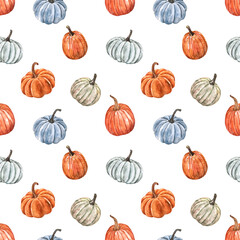 Fall pumpkin seamless pattern. Watercolor orange, blue and white pumpkin print. Halloween or Thanksgiving designer paper with white background. Colorful botanical illustration of autumn vegetables.