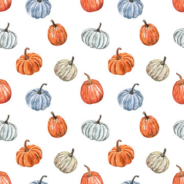 Fall pumpkin seamless pattern. Watercolor orange, blue and white pumpkin  print. Halloween or Thanksgiving designer paper with white background.  Colorful botanical illustration of autumn vegetables. Stock Illustration