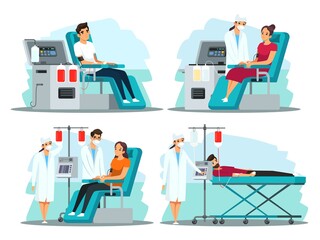 Donors donating blood in hospital illustration set. Medical healthcare organization vector. Woman sitting in chair, man lying, doctor and nurse helping. Professional laboratory or foundation