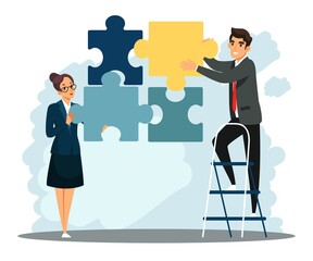 Man and woman building puzzle from pieces. Metaphor for partnership and creative solution plan. Modern office challenge vector illustration. Teamwork strategy in business concept