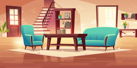 Rustic house hallway interior with wooden stairs and furniture coffee table, shelf, bookcase, couch and armchair with potted plants. Apartment or home decor in rural style cartoon vector illustration