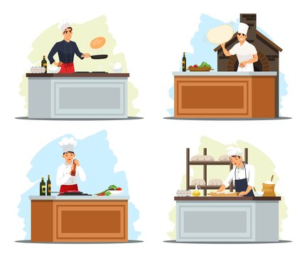 Chef cooking in restaurant kitchen illustration set. Master cooks meals: meat with spices and vegetable salad, pizza, pancakes, bakes bread. Professional culinary show vector