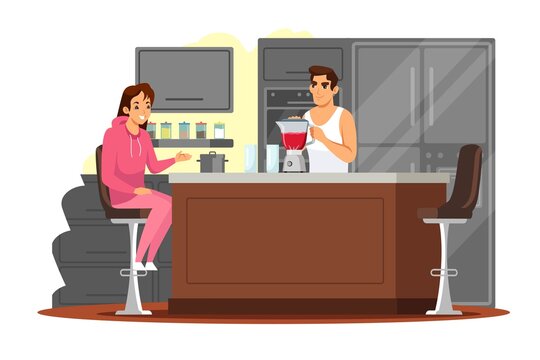 Happy couple at kitchen together. Young man cooking smoothie or juice in blender, woman sitting at table and waiting. Love and romance at house vector illustration. Modern interior design