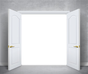 Open white double doors on gray wall