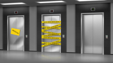 Broken elevators closed for repair or maintenance. Warning sign hang on lift damaged doors with dent, chrome metal doorway gate wrapped with warning yellow stripe, realistic 3d vector Illustration