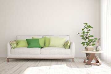 White living room with sofa. Scandinavian interior design. 3D illustration
