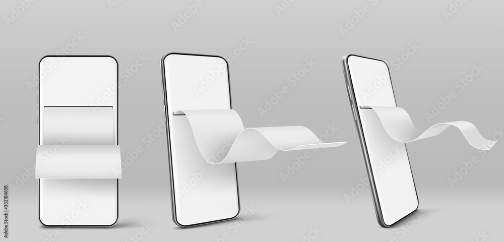 Poster mobile phone with paper financial bill in front and angle view. concept of online payment, digital i