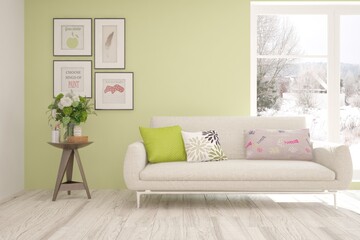 White living room with sofa and winter landscape in window. Scandinavian interior design. 3D illustration