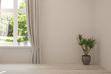 White empty room with summer landscape in window. Scandinavian interior design. 3D illustration