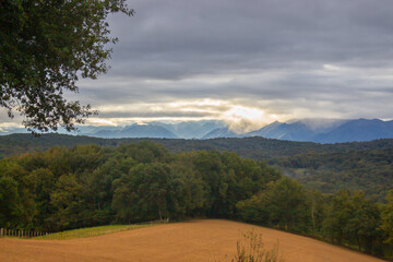 Autumn in the mountains. Autumn landscape on cloudy day. Forest and meadow with scenic mountains on background. October weather. Beautiful nature in the fall. Travel in mountains.