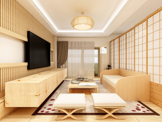 There are sofa, table and other facilities in the clean and tidy living room