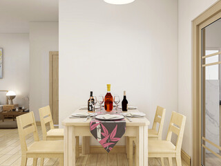 There are tables and chairs in the dining room of Nordic style