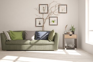 White living room with sofa. Scandinavian interior design. 3D illustration