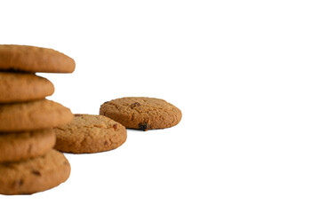 Crunchy oatmeal cookies isolated on a white background. Selective focus. Festival Of Homemade Cookies. Copy of the space