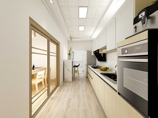 The modern clean kitchen has clean kitchen utensils and countertops