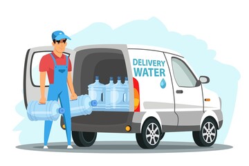 Water delivery service flat vector illustration. Smiling man with bottles in uniform cartoon character. Delivery truck. Plastic bottles, blue containers. Supply, shipping. Business service.