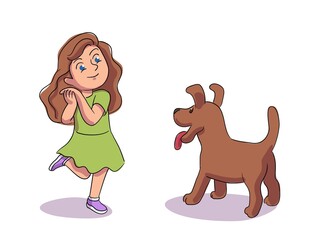 Kid getting pet dog for birthday present. Little girl receiveing puppy as gift from parents. Cute dog brings joy and happiness on holiday. Realistic congatulation from family vector illustration