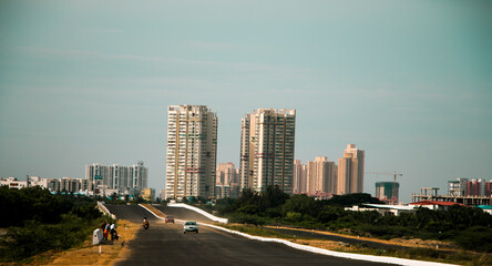 city skyline at sunset