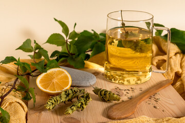 Cup of healthy winter brewed tea with herbs. Tea for immunity, ingredients for the treatment of colds.